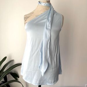 Baby blue one shoulder top with neck bow detail